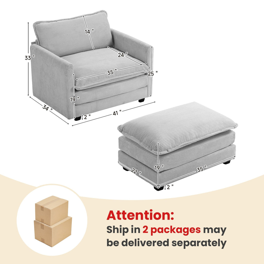 Canapé d'angle en velours côtelé avec poufs amovibles et coussins ultra-doux pour salon et chambre