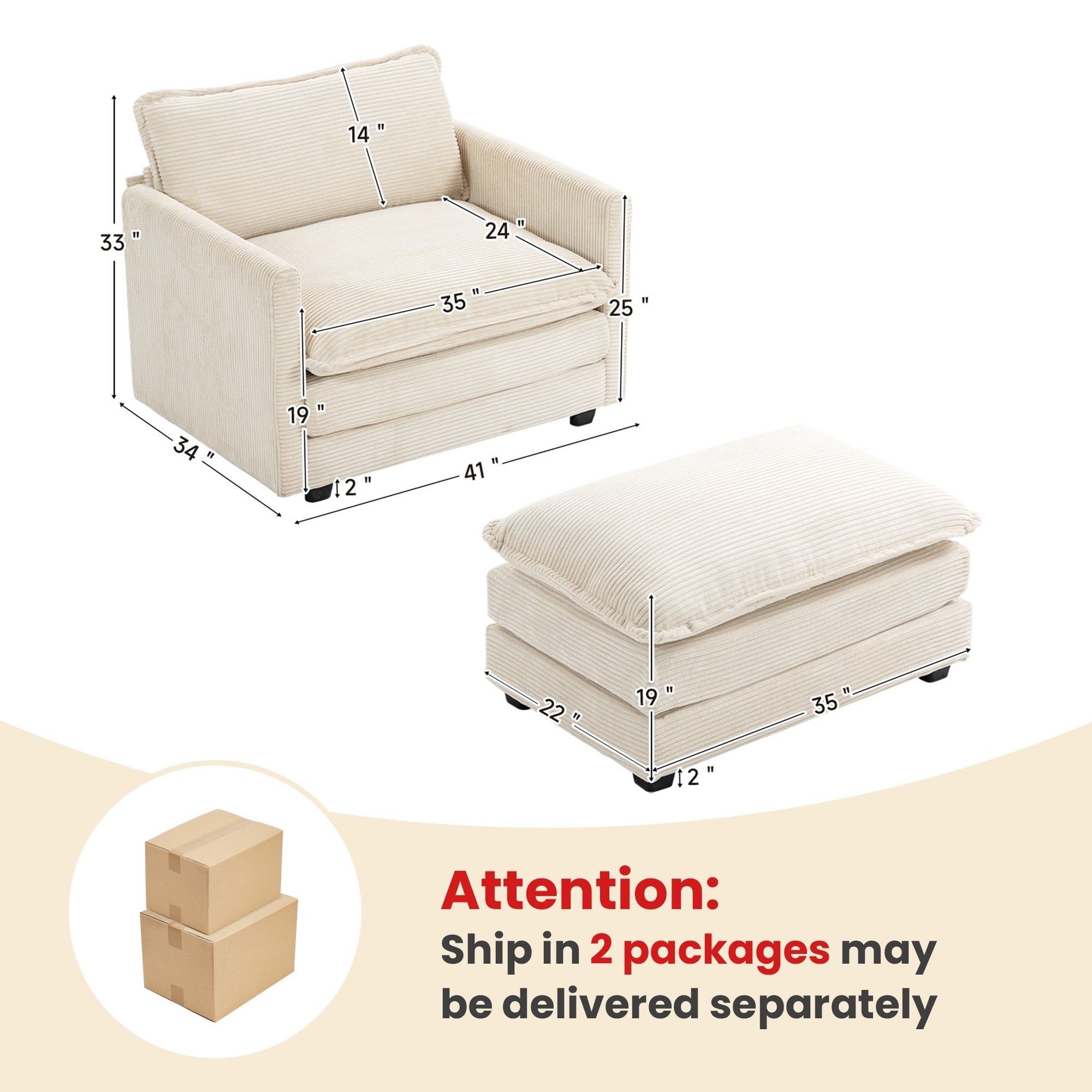 Canapé d'angle en velours côtelé avec poufs amovibles et coussins ultra-doux pour salon et chambre