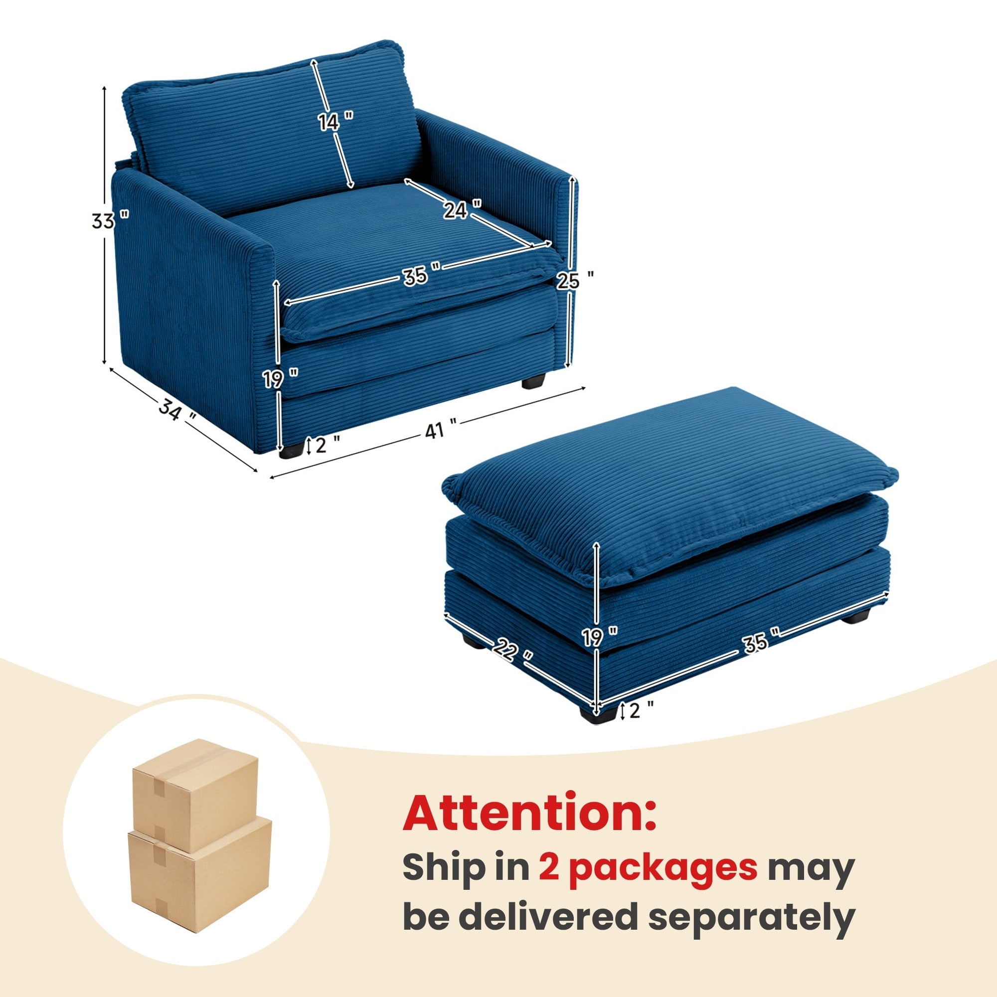 Canapé d'angle en velours côtelé avec poufs amovibles et coussins ultra-doux pour salon et chambre