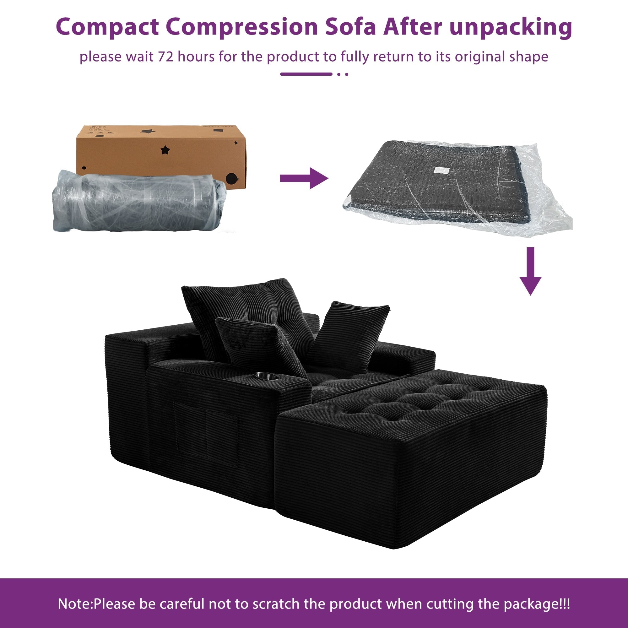 Corduroy Upholstered Memory Foam Sofa With Ottoman Upholstered Bean Bag Couch - 48.4Lx67.7Wx24.4H