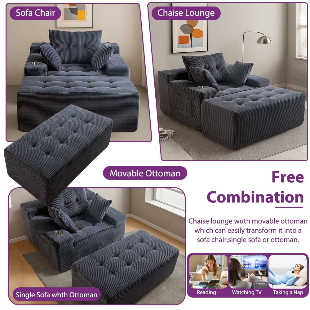 Corduroy Upholstered Memory Foam Sofa With Ottoman Upholstered Bean Bag Couch - 48.4Lx67.7Wx24.4H