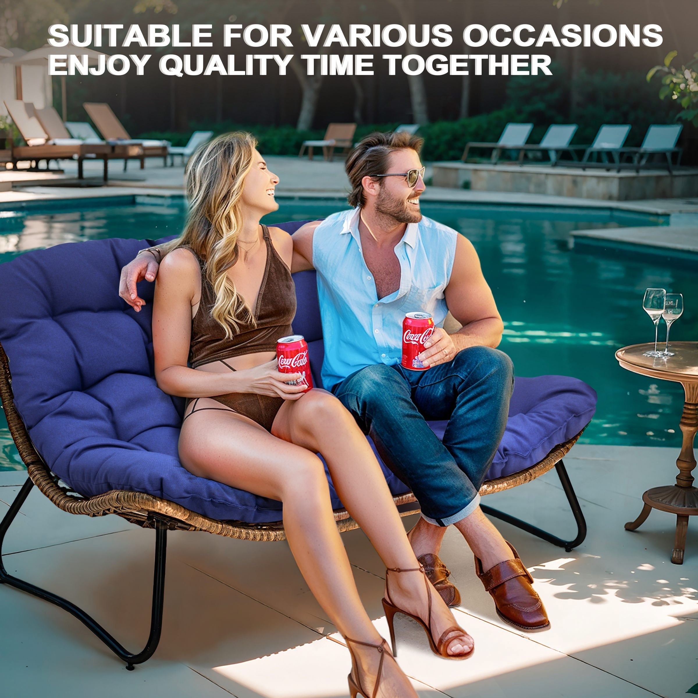 Fauteuil Papasan double deux places avec coussin, en rotin PE résistant aux intempéries et structure en métal pour intérieur et extérieur