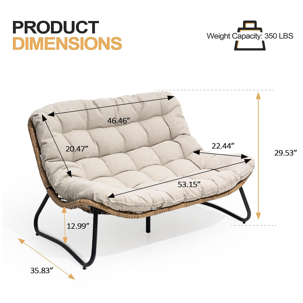 Fauteuil Papasan double deux places avec coussin, en rotin PE résistant aux intempéries et structure en métal pour intérieur et extérieur