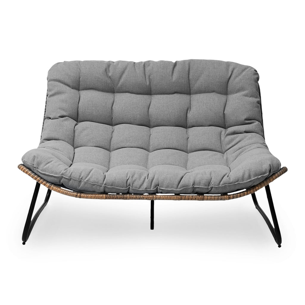 Fauteuil Papasan double deux places avec coussin, en rotin PE résistant aux intempéries et structure en métal pour intérieur et extérieur