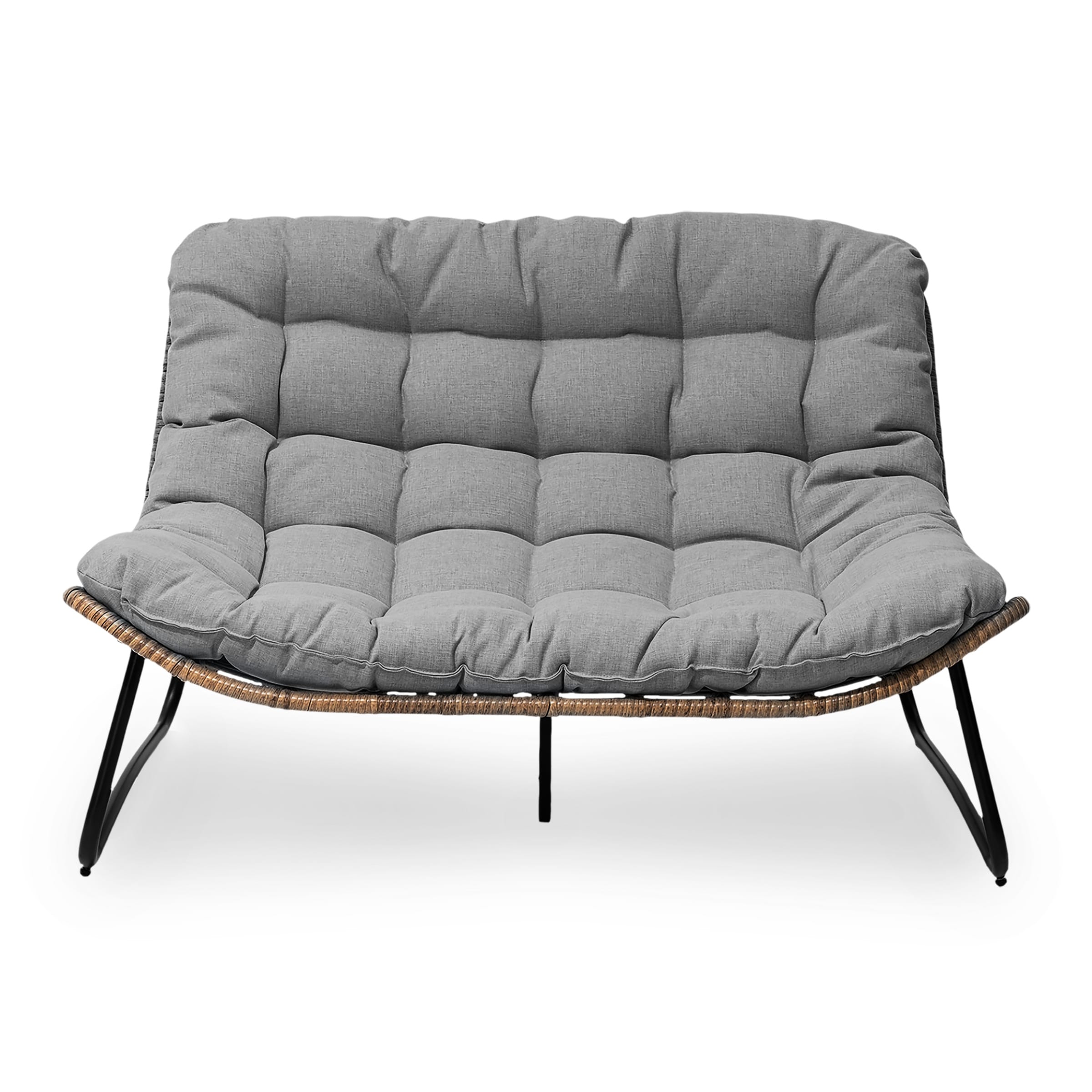 Fauteuil Papasan double deux places avec coussin, en rotin PE résistant aux intempéries et structure en métal pour intérieur et extérieur