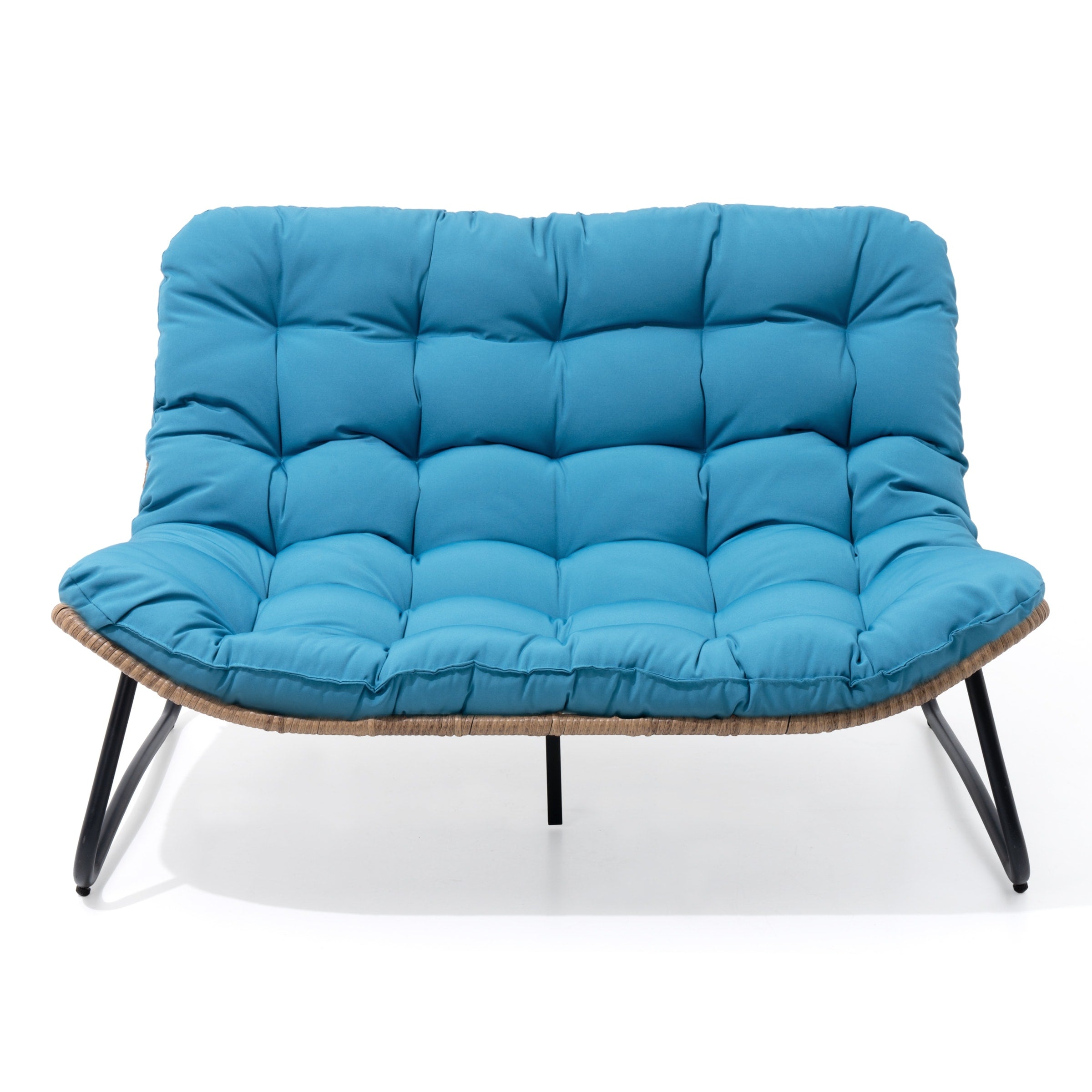 Fauteuil Papasan double deux places avec coussin, en rotin PE résistant aux intempéries et structure en métal pour intérieur et extérieur