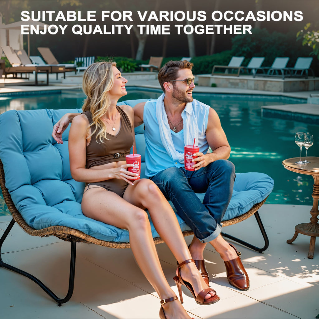 Fauteuil Papasan double deux places avec coussin, en rotin PE résistant aux intempéries et structure en métal pour intérieur et extérieur