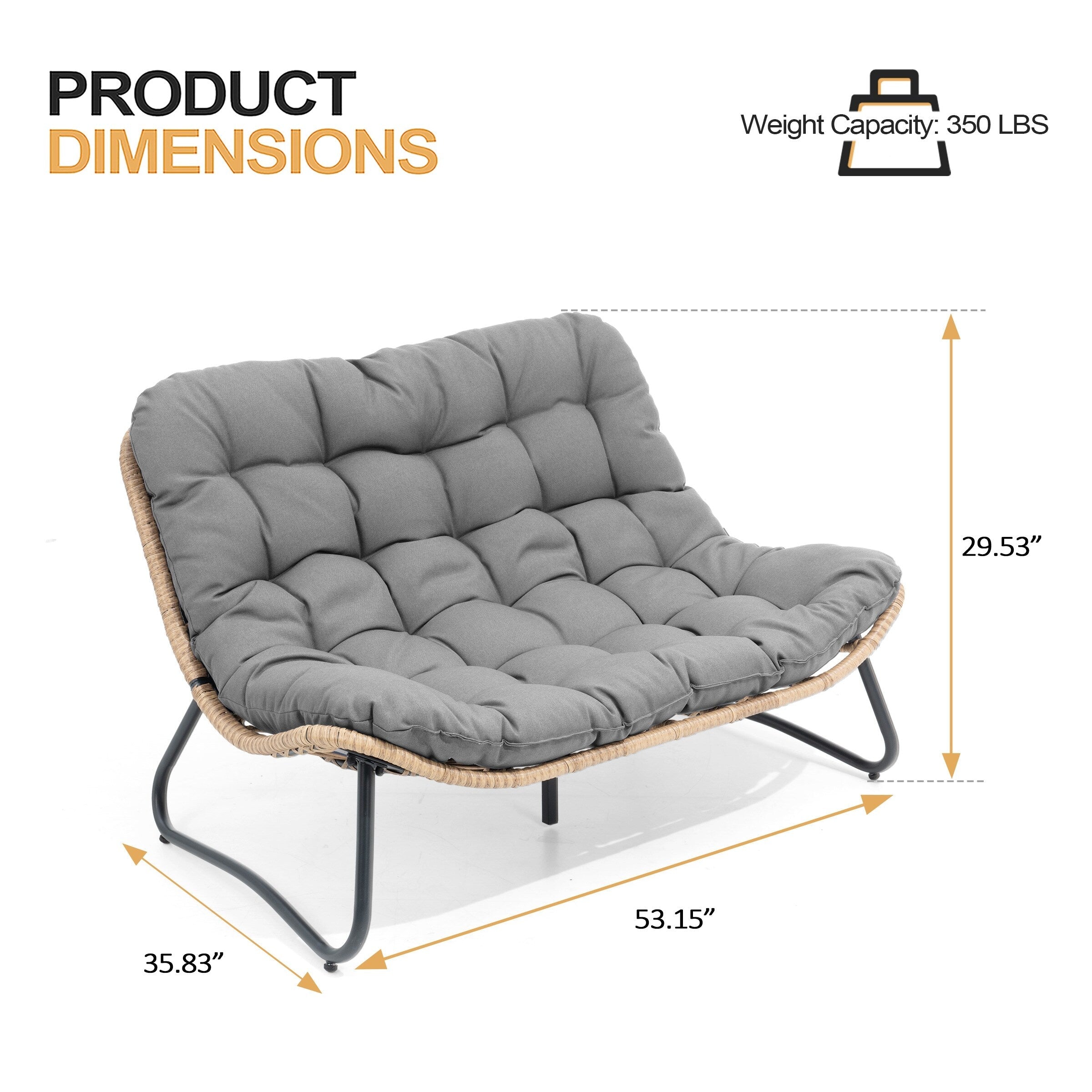 Fauteuil Papasan double deux places avec coussin, en rotin PE résistant aux intempéries et structure en métal pour intérieur et extérieur