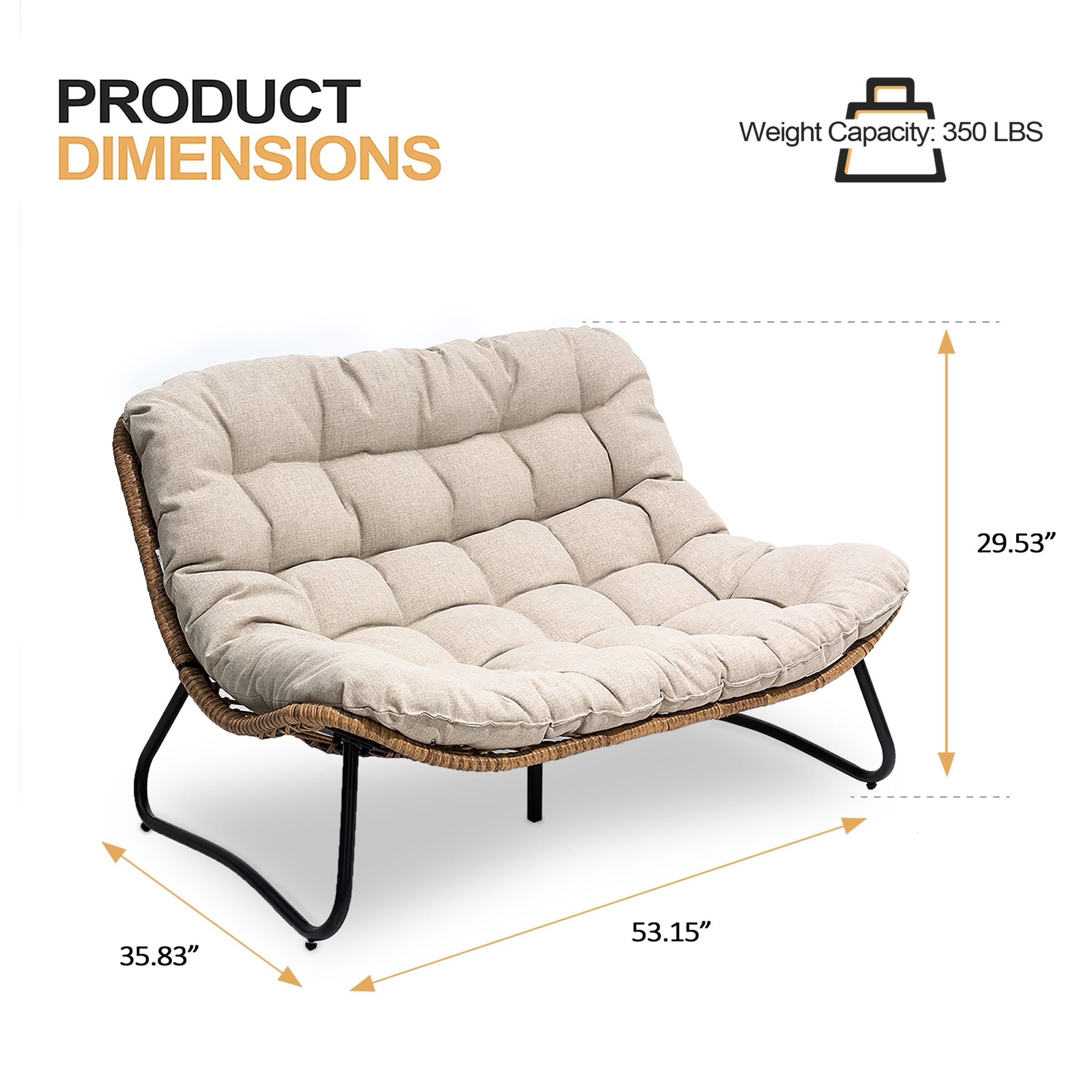 Fauteuil Papasan double deux places avec coussin, en rotin PE résistant aux intempéries et structure en métal pour intérieur et extérieur