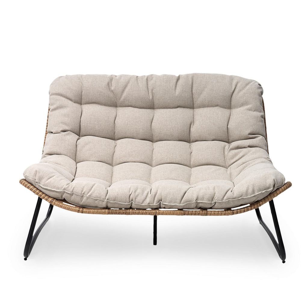 Fauteuil Papasan double deux places avec coussin, en rotin PE résistant aux intempéries et structure en métal pour intérieur et extérieur