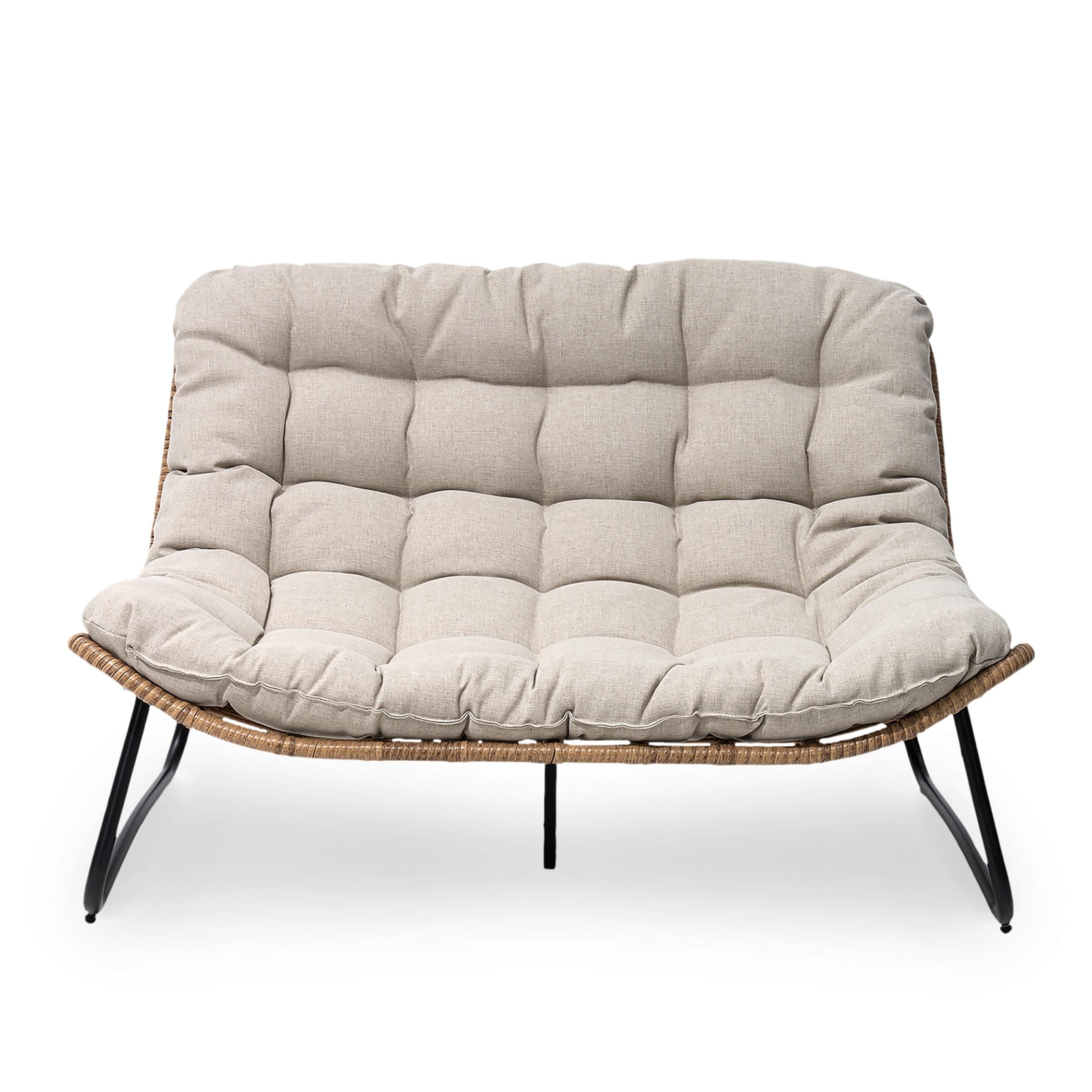 Fauteuil Papasan double deux places avec coussin, en rotin PE résistant aux intempéries et structure en métal pour intérieur et extérieur