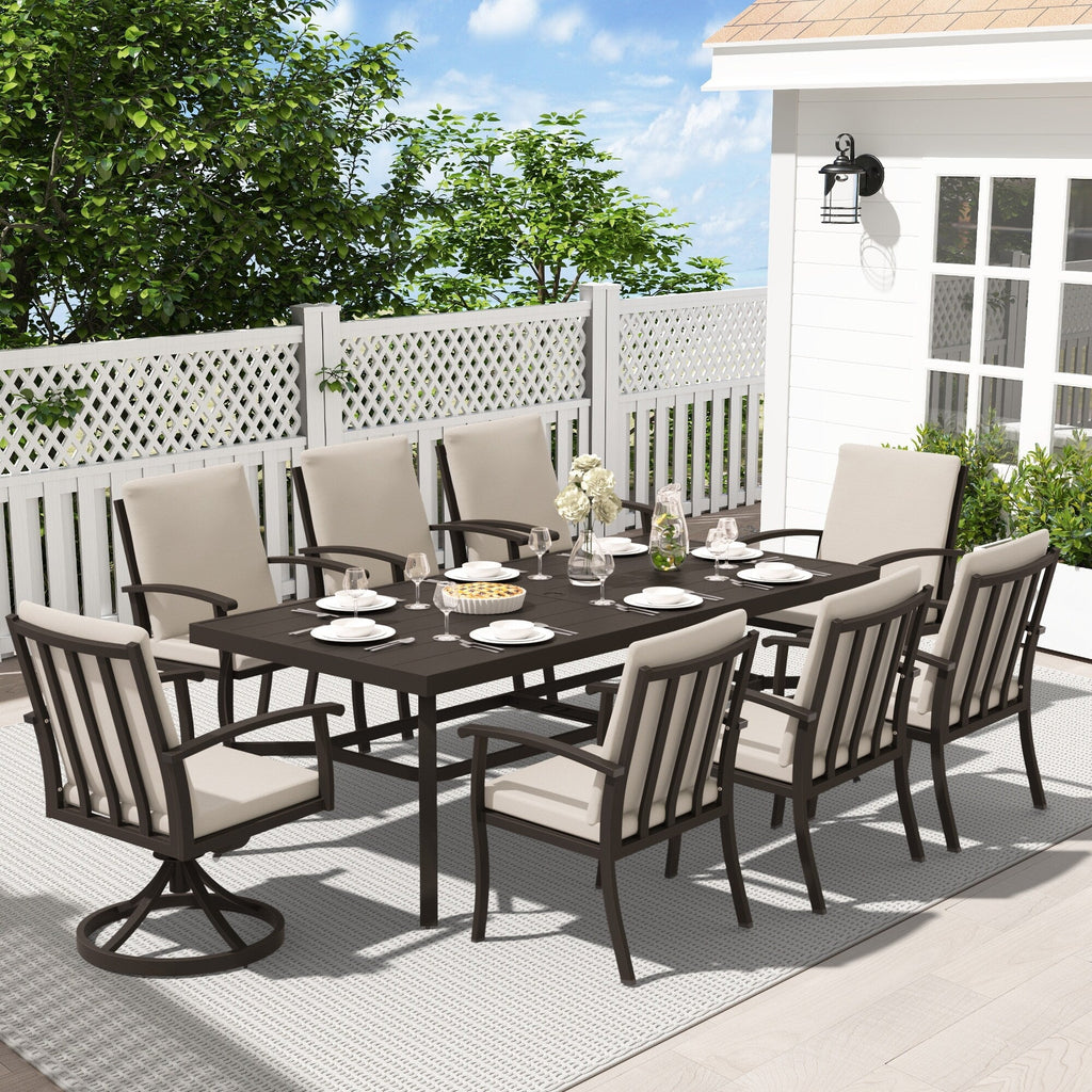 EGEIROS LIFE AluLux 9-Piece Aluminum Patio Dining Set with 2 Swivel Dining Chairs, 6 Dining Chairs and Washable Cushions