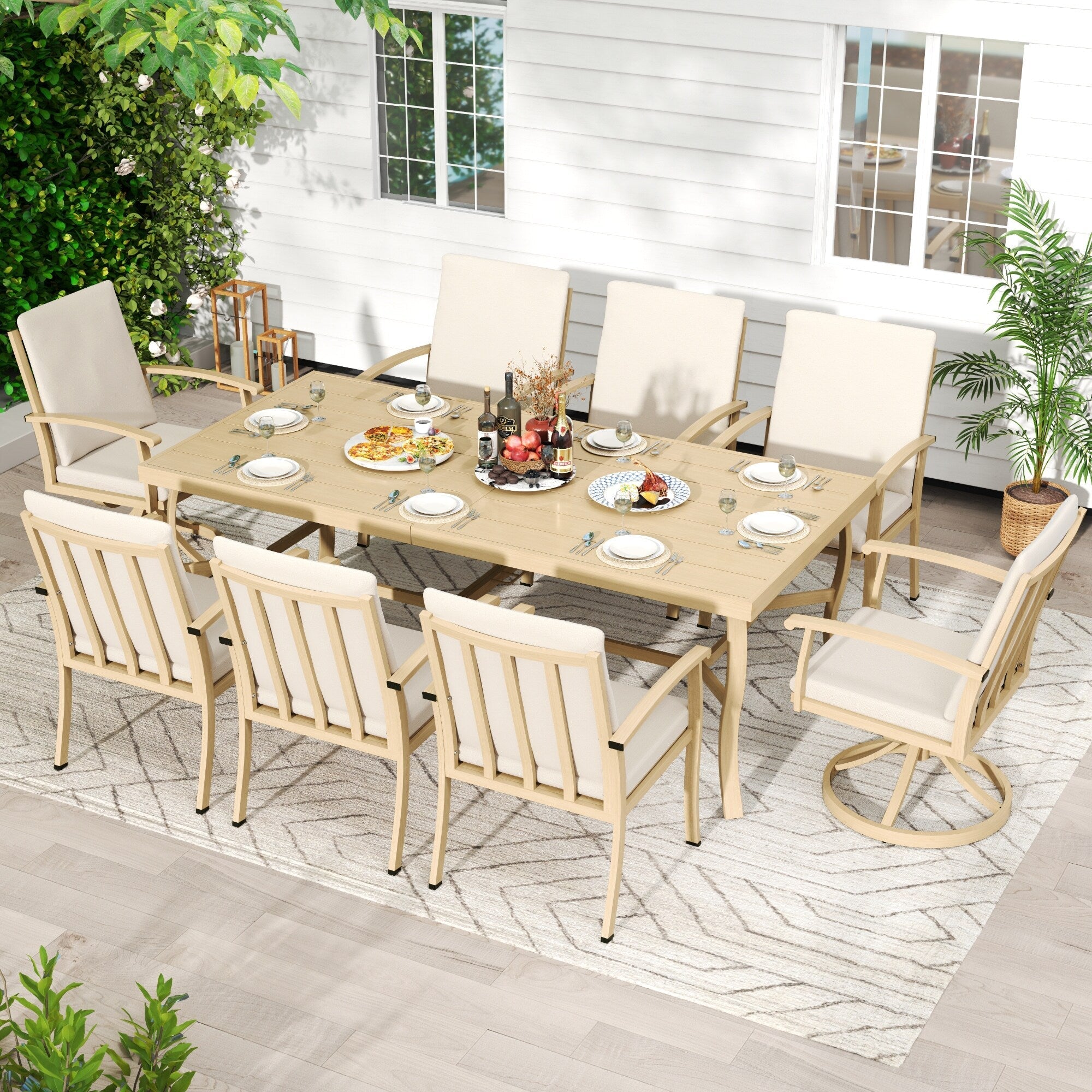 EGEIROS LIFE AluLux 9-Piece Aluminum Patio Dining Set with 2 Swivel Dining Chairs, 6 Dining Chairs and Washable Cushions