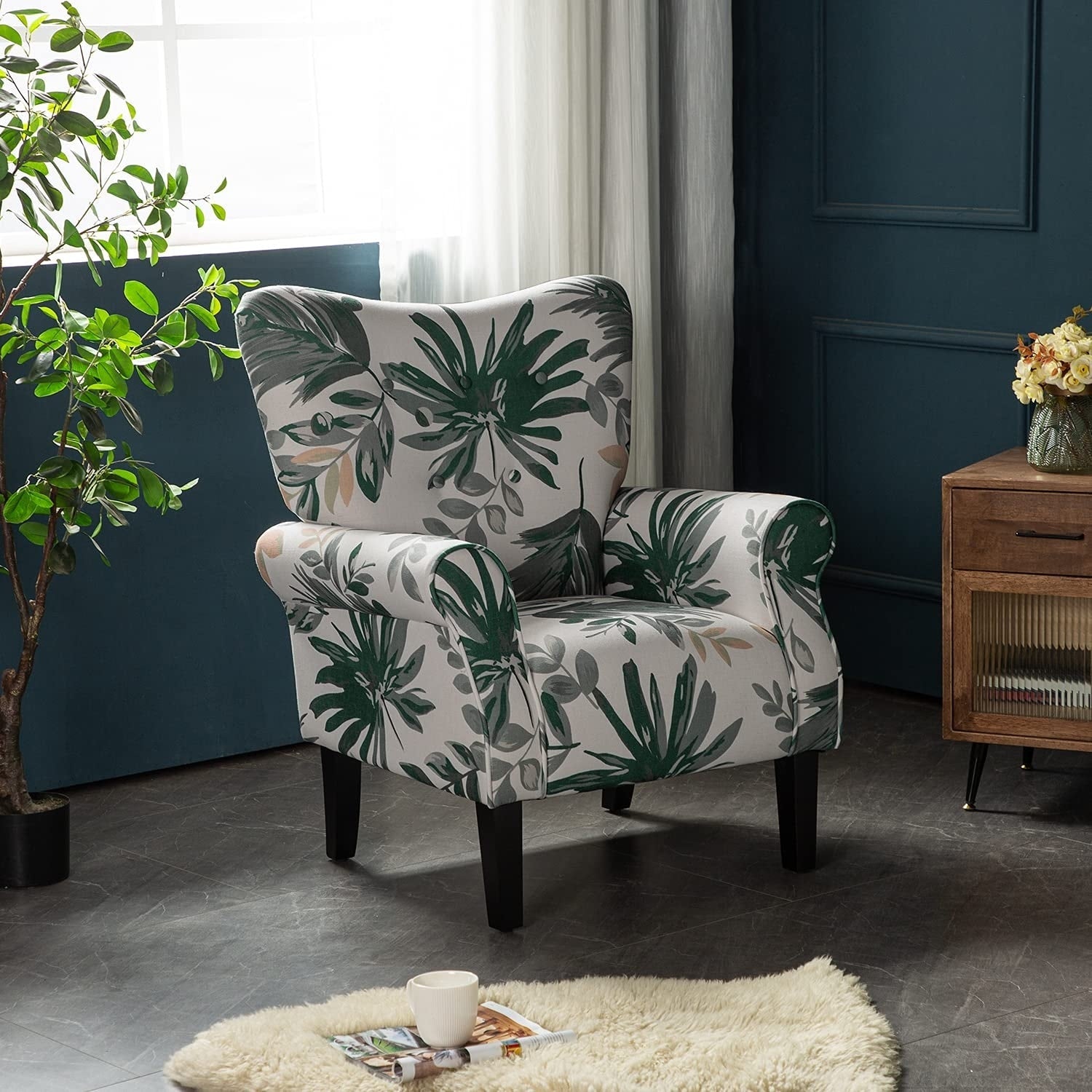 Fauteuil d'appoint moderne Erommy, fauteuil à dossier haut, canapé une place capitonné en tissu avec pieds en bois pour salon