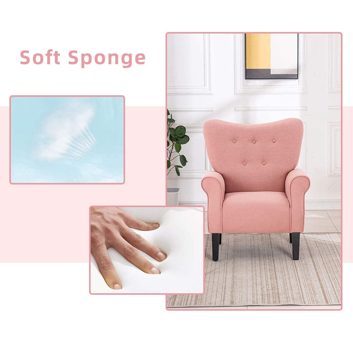 Fauteuil d'appoint moderne Erommy, fauteuil à dossier haut, canapé une place capitonné en tissu avec pieds en bois pour salon