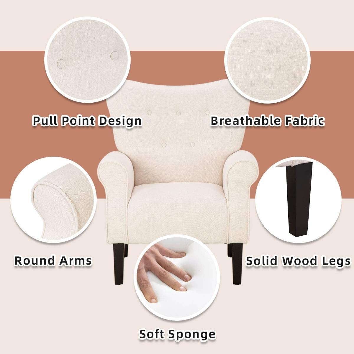 Fauteuil d'appoint moderne Erommy, fauteuil à dossier haut, canapé une place capitonné en tissu avec pieds en bois pour salon