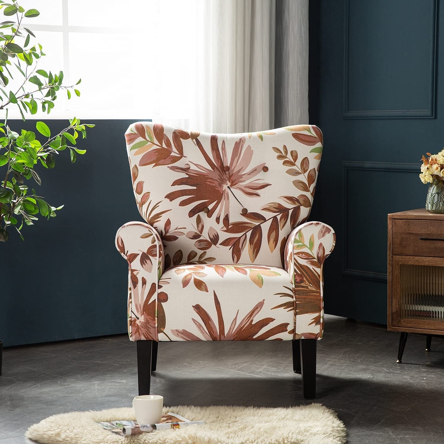 Fauteuil d'appoint moderne Erommy, fauteuil à dossier haut, canapé une place capitonné en tissu avec pieds en bois pour salon