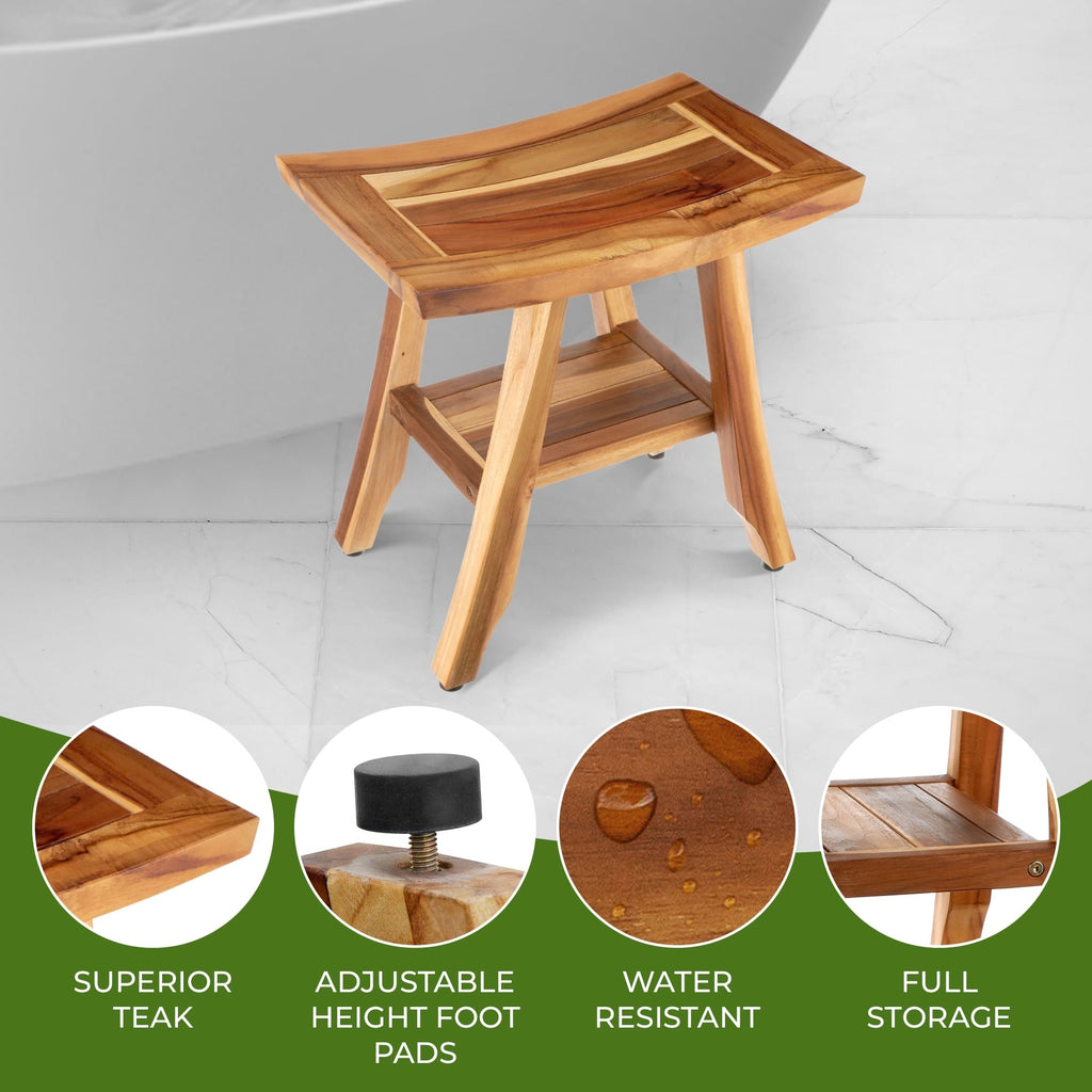 EcoDecors, Banc, Tabouret de douche, Siège de douche, Chaise de douche pour l'intérieur de la douche, Petit banc, Banc de douche en teck, Repose-pieds de douche
