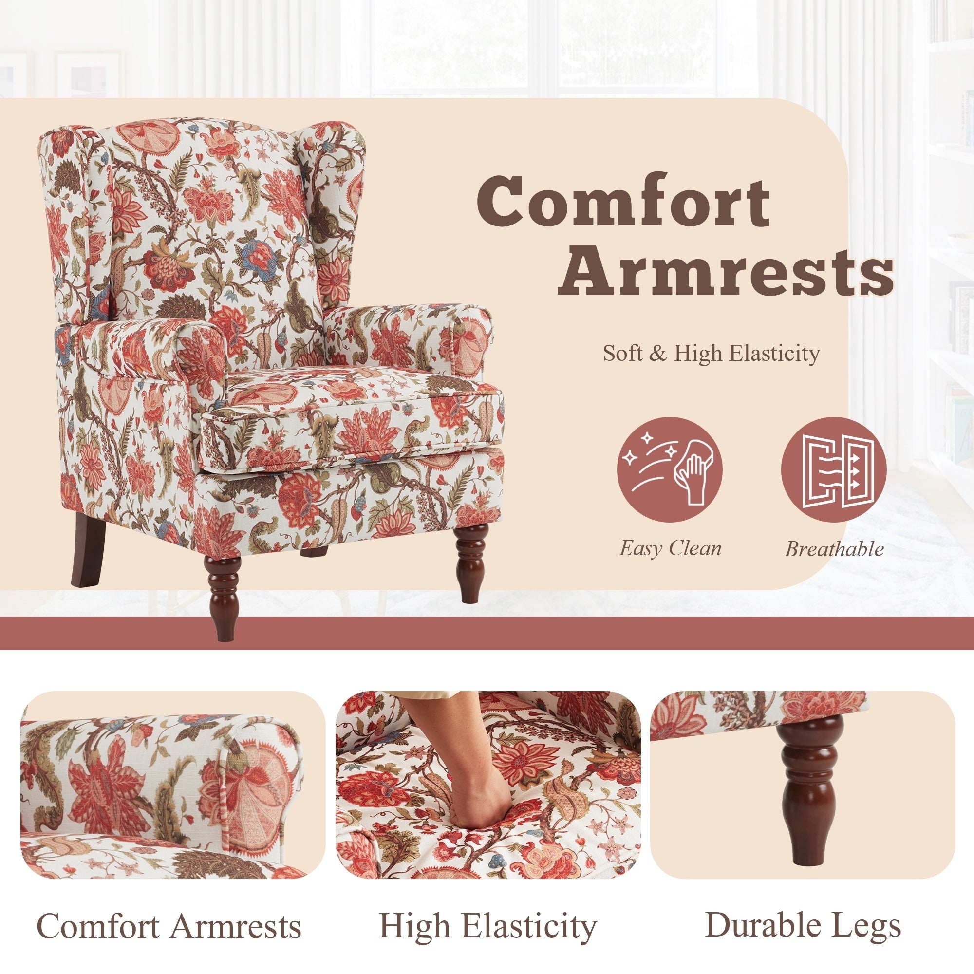 Fauteuil d'appoint moderne Erommy, fauteuil à dossier haut, canapé une place capitonné en tissu avec pieds en bois pour salon