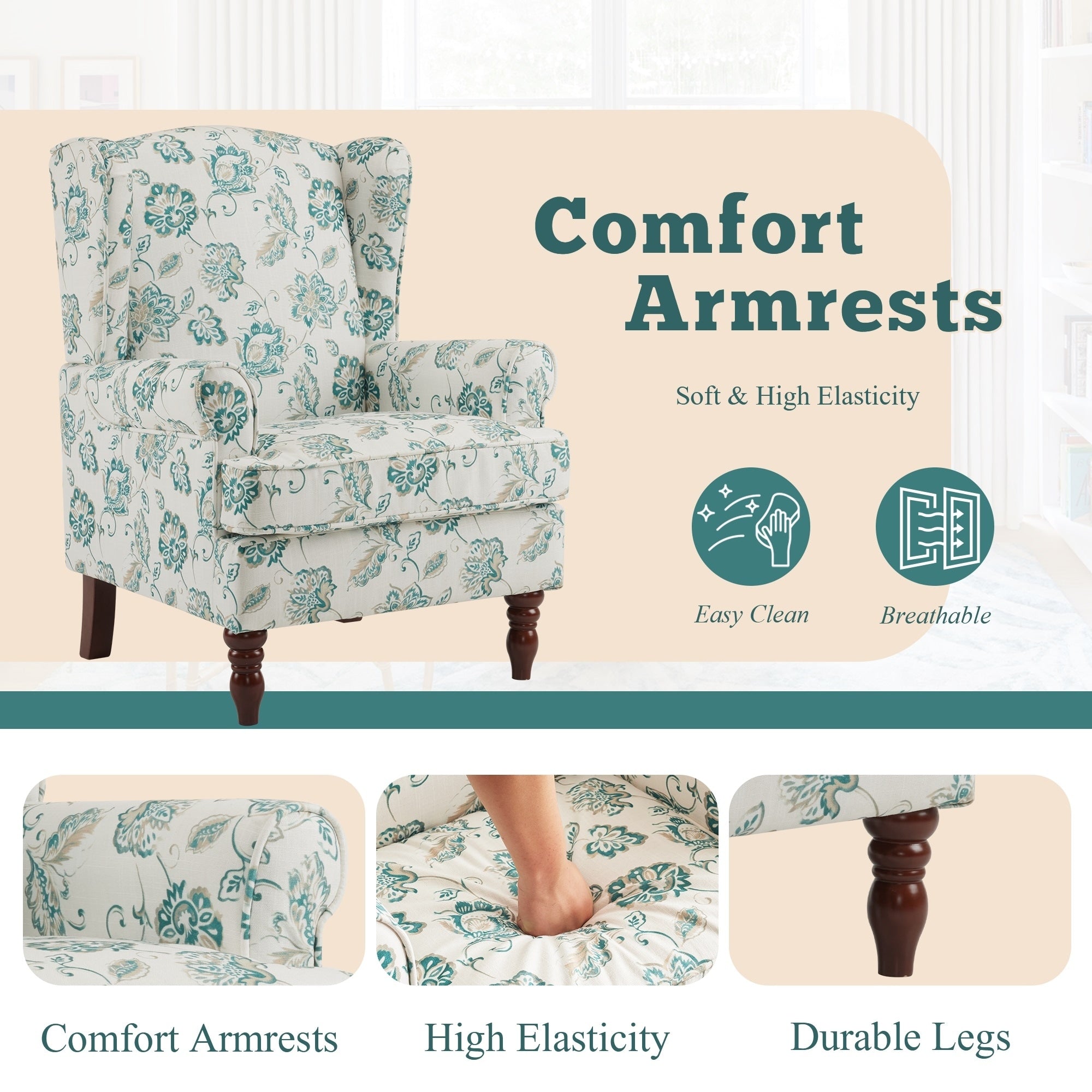 Fauteuil d'appoint moderne Erommy, fauteuil à dossier haut, canapé une place capitonné en tissu avec pieds en bois pour salon