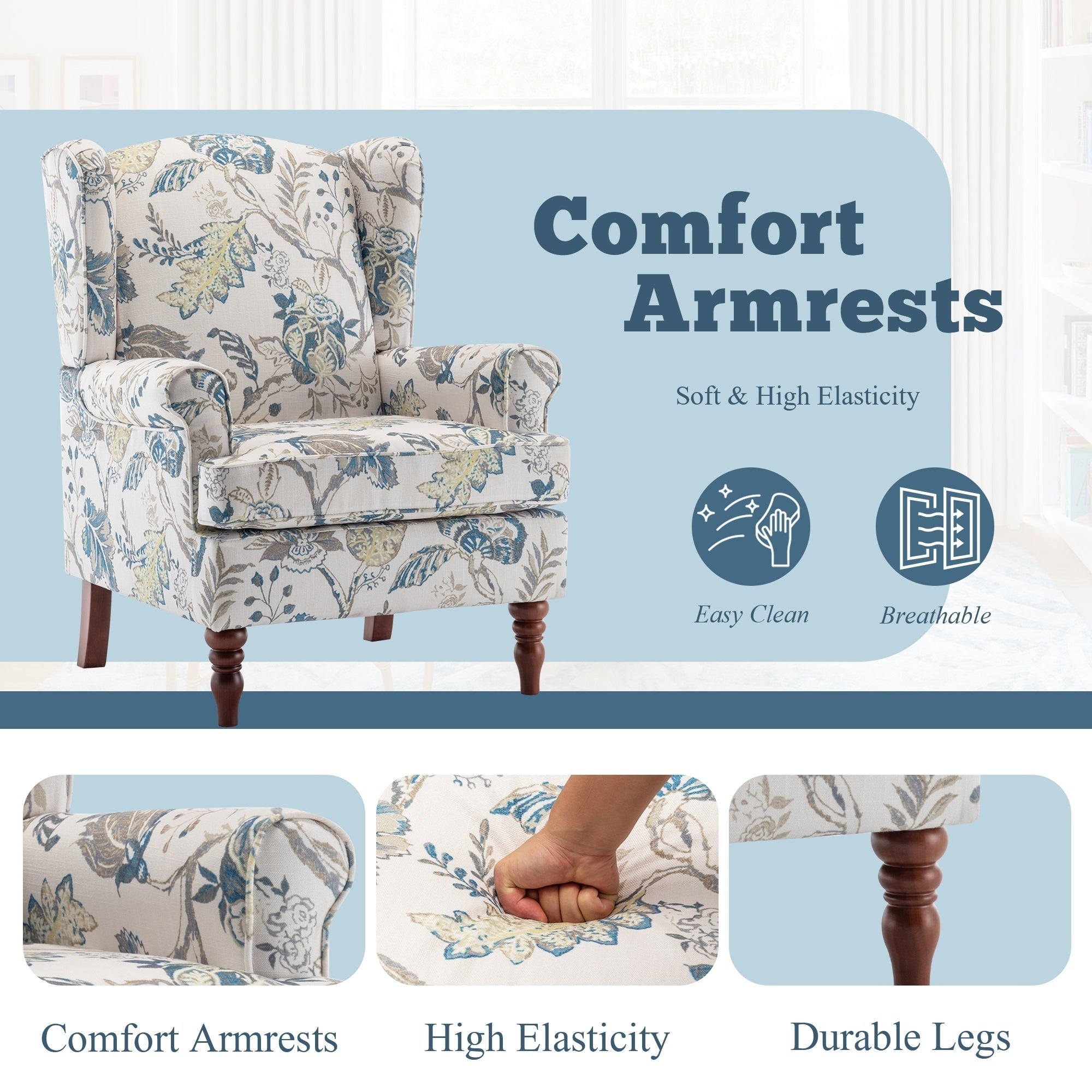 Fauteuil d'appoint moderne Erommy, fauteuil à dossier haut, canapé une place capitonné en tissu avec pieds en bois pour salon