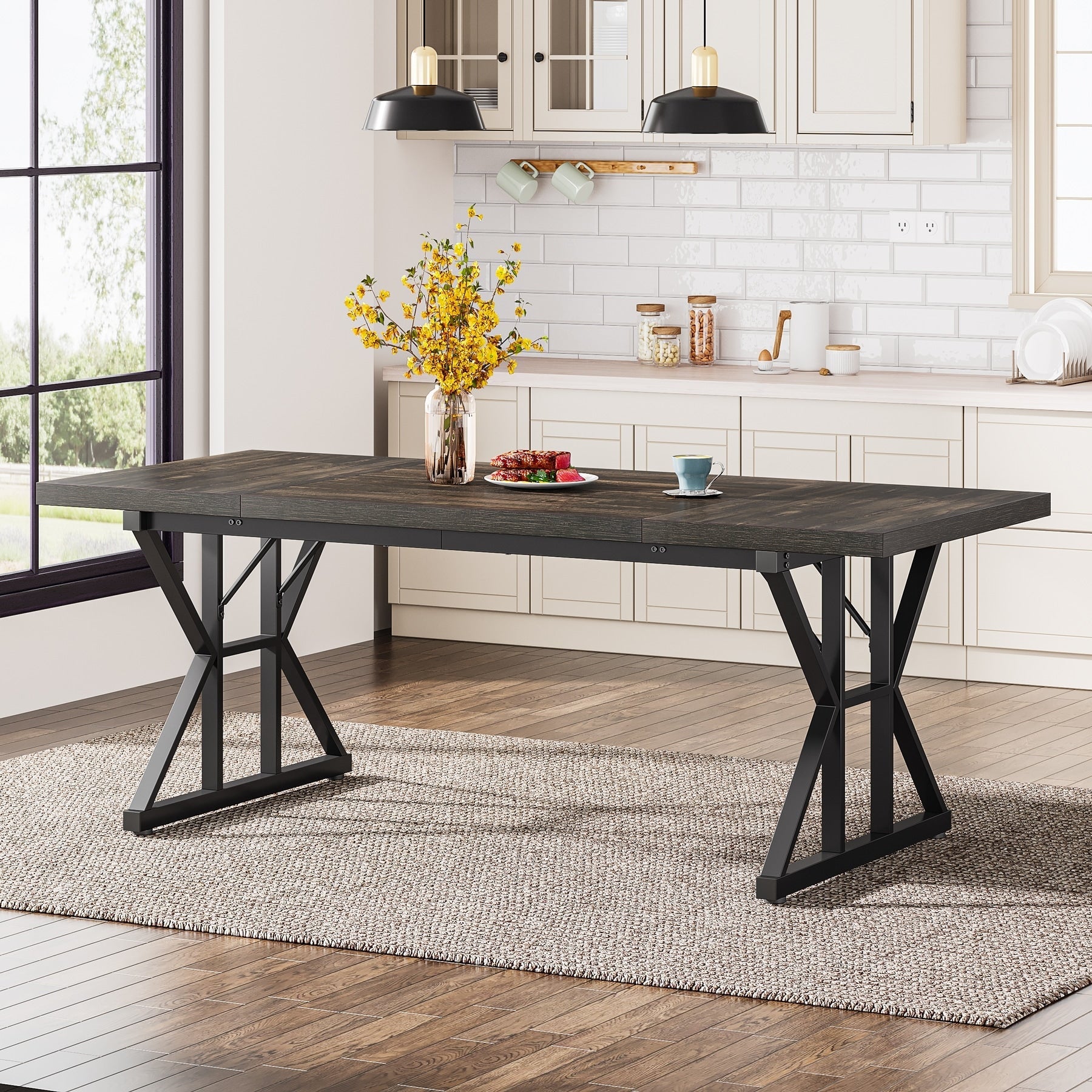 Table de salle à manger de style campagnard pour 6 personnes, table de cuisine rectangulaire en bois de 180 cm (70,8 pouces).