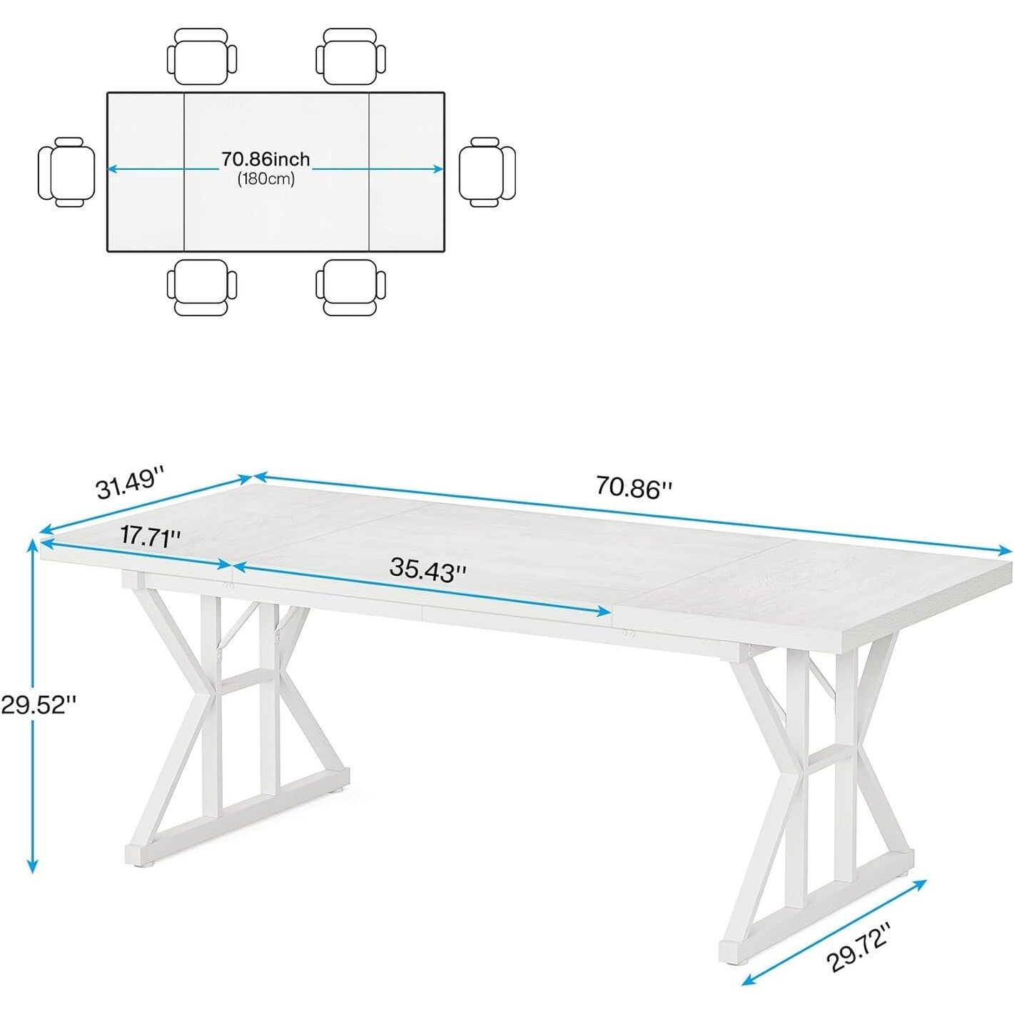 Table de salle à manger de style campagnard pour 6 personnes, table de cuisine rectangulaire en bois de 180 cm (70,8 pouces).