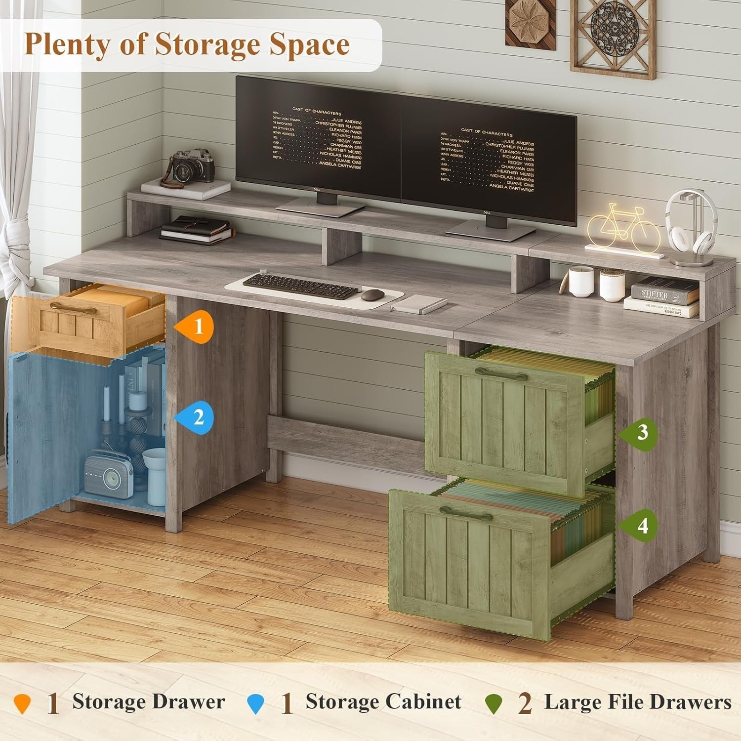 Bureau de direction de style campagnard, bureau à domicile avec tiroir pour dossiers suspendus, support pour écran, prise électrique