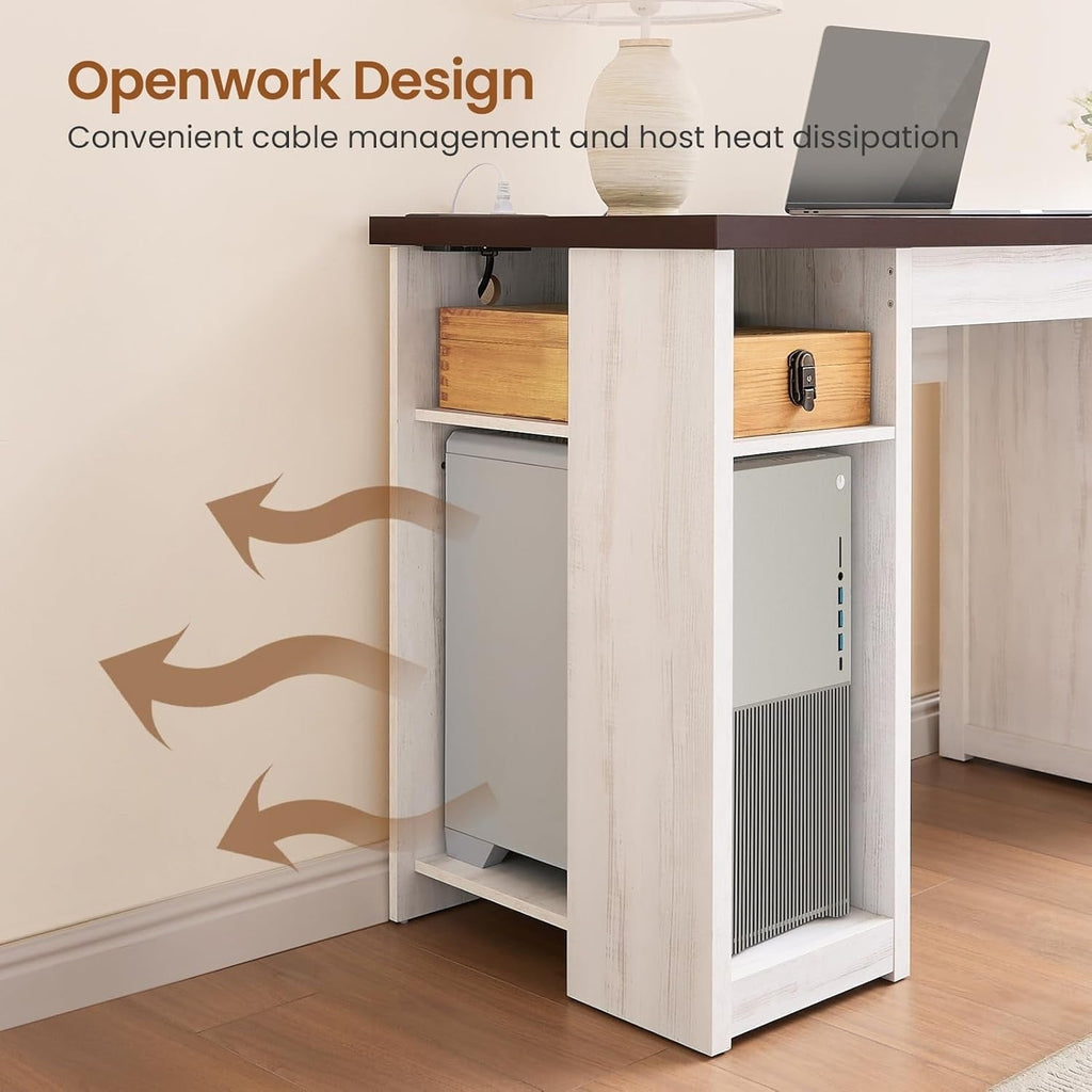 Bureau de direction de style campagnard, bureau à domicile avec tiroir pour dossiers suspendus, support pour écran, prise électrique