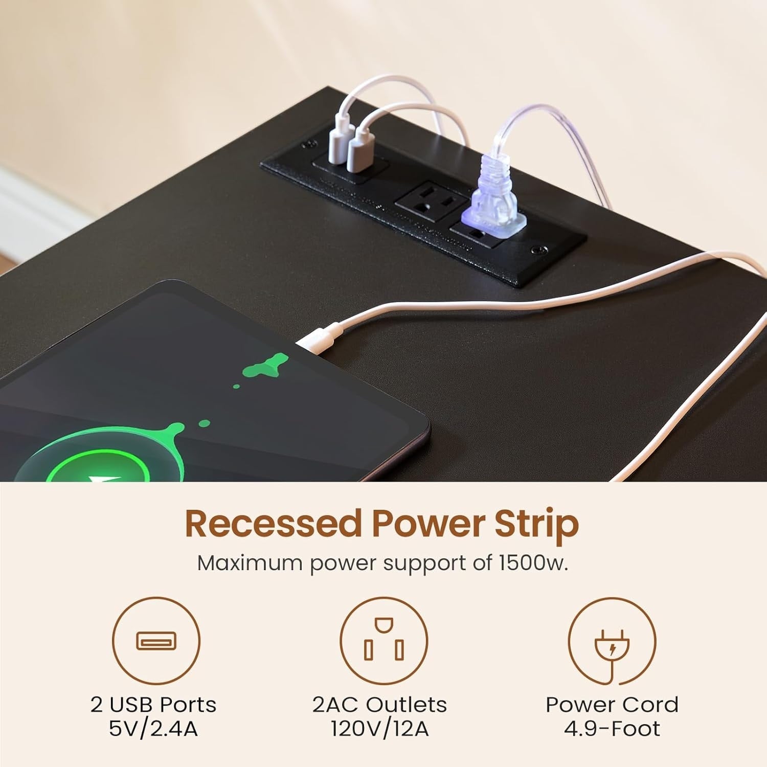 Bureau de direction de style campagnard, bureau à domicile avec tiroir pour dossiers suspendus, support pour écran, prise électrique