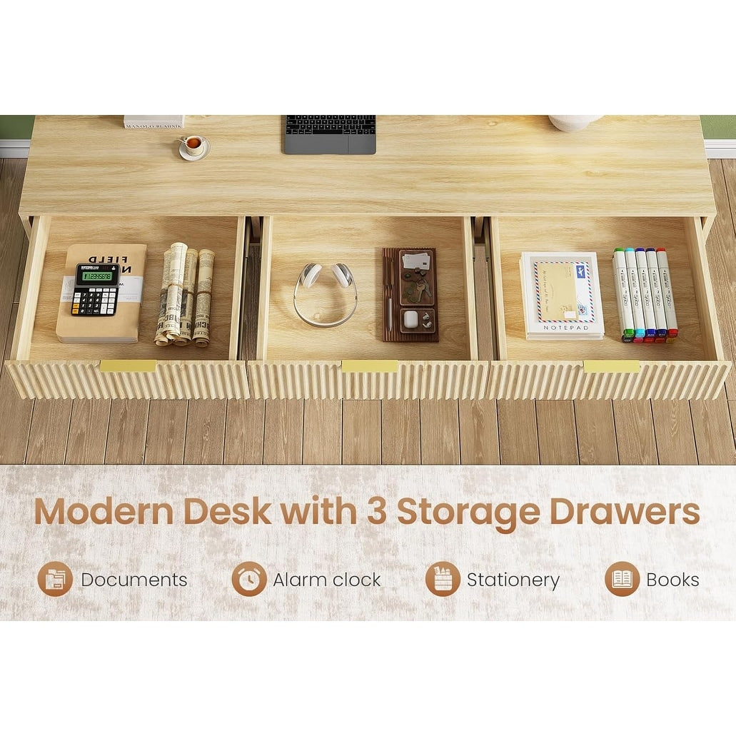 Bureau de direction de style campagnard, bureau à domicile avec tiroir pour dossiers suspendus, support pour écran, prise électrique