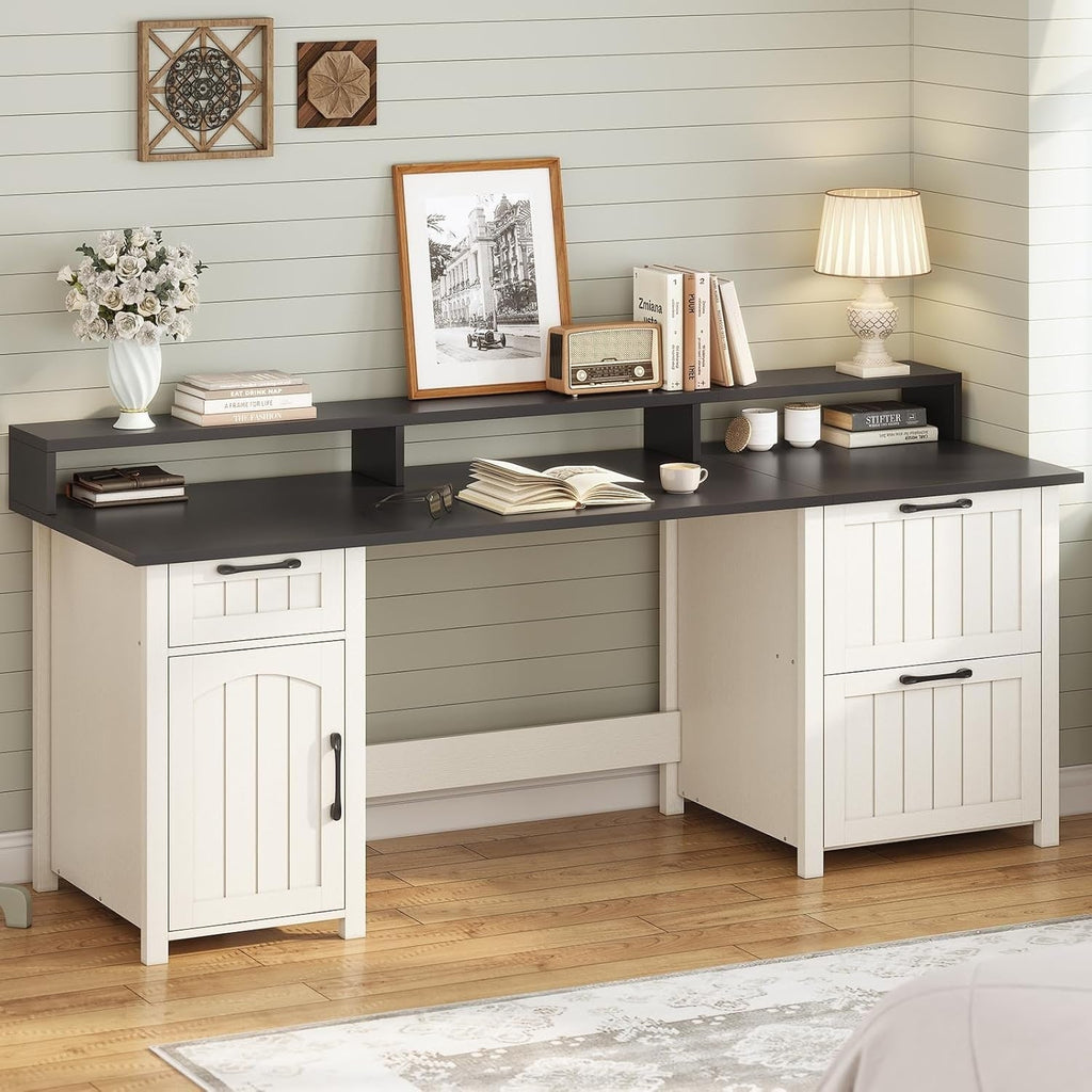 Bureau de direction de style campagnard, bureau à domicile avec tiroir pour dossiers suspendus, support pour écran, prise électrique