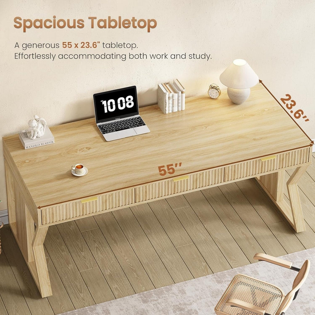 Bureau de direction de style campagnard, bureau à domicile avec tiroir pour dossiers suspendus, support pour écran, prise électrique