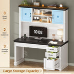 Bureau de direction de style campagnard, bureau à domicile avec tiroir pour dossiers suspendus, support pour écran, prise électrique