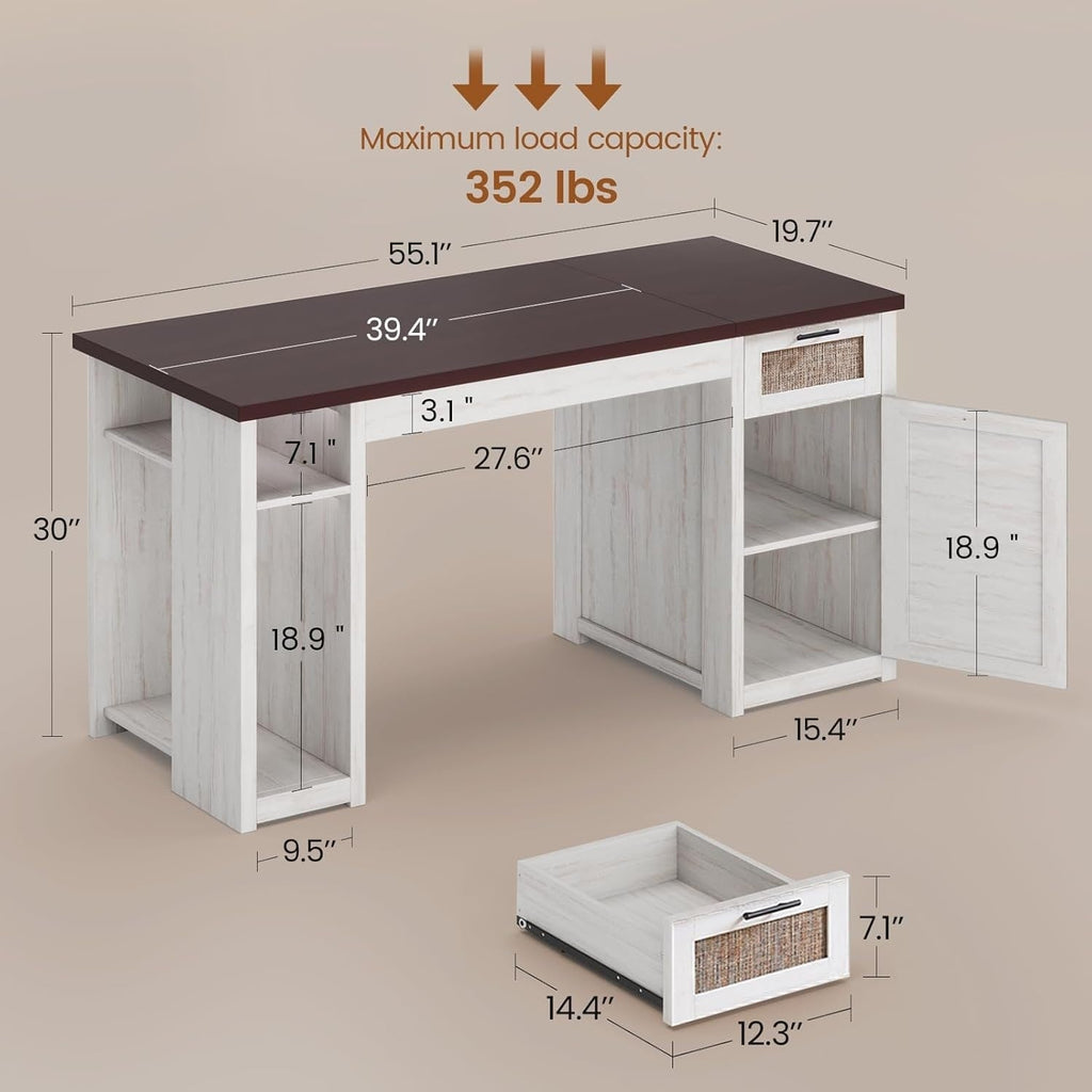 Bureau de direction de style campagnard, bureau à domicile avec tiroir pour dossiers suspendus, support pour écran, prise électrique