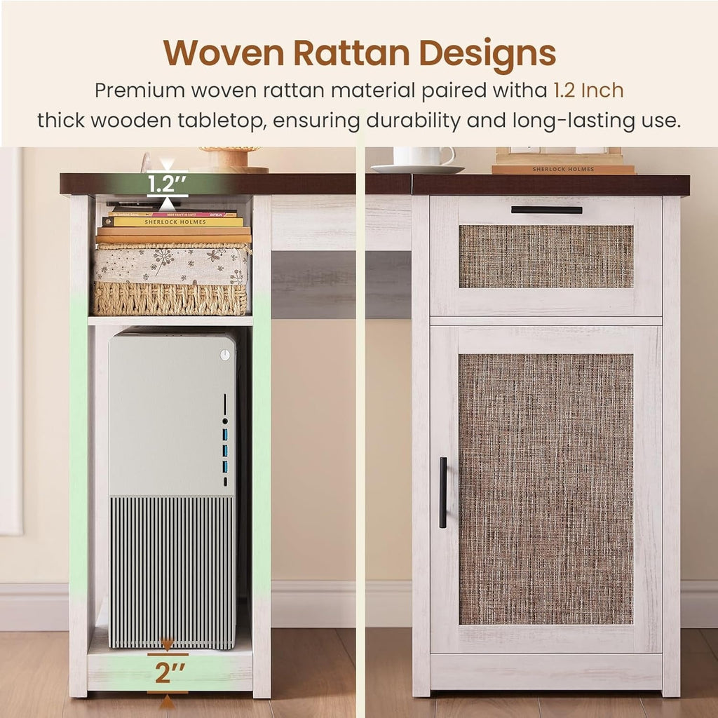 Bureau de direction de style campagnard, bureau à domicile avec tiroir pour dossiers suspendus, support pour écran, prise électrique