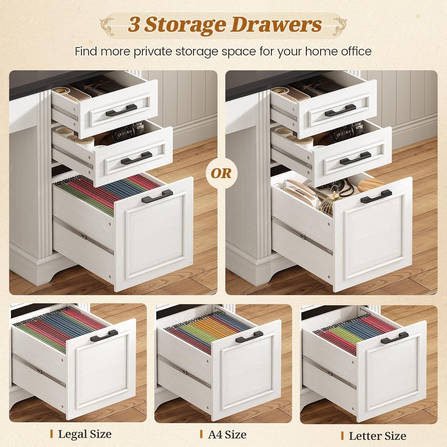 Bureau de direction de style campagnard, bureau à domicile avec tiroir pour dossiers suspendus, support pour écran, prise électrique