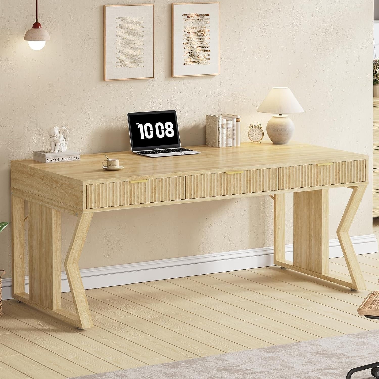 Bureau de direction de style campagnard, bureau à domicile avec tiroir pour dossiers suspendus, support pour écran, prise électrique