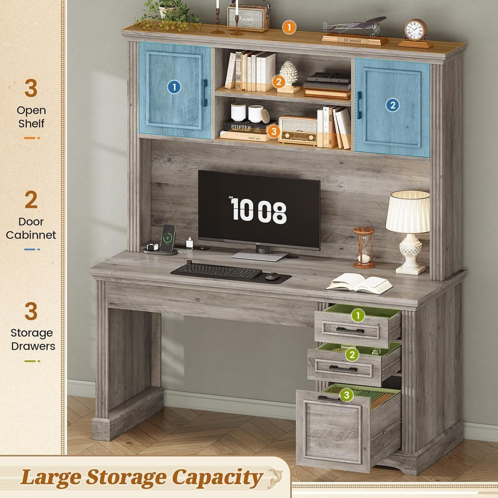 Bureau de direction de style campagnard, bureau à domicile avec tiroir pour dossiers suspendus, support pour écran, prise électrique