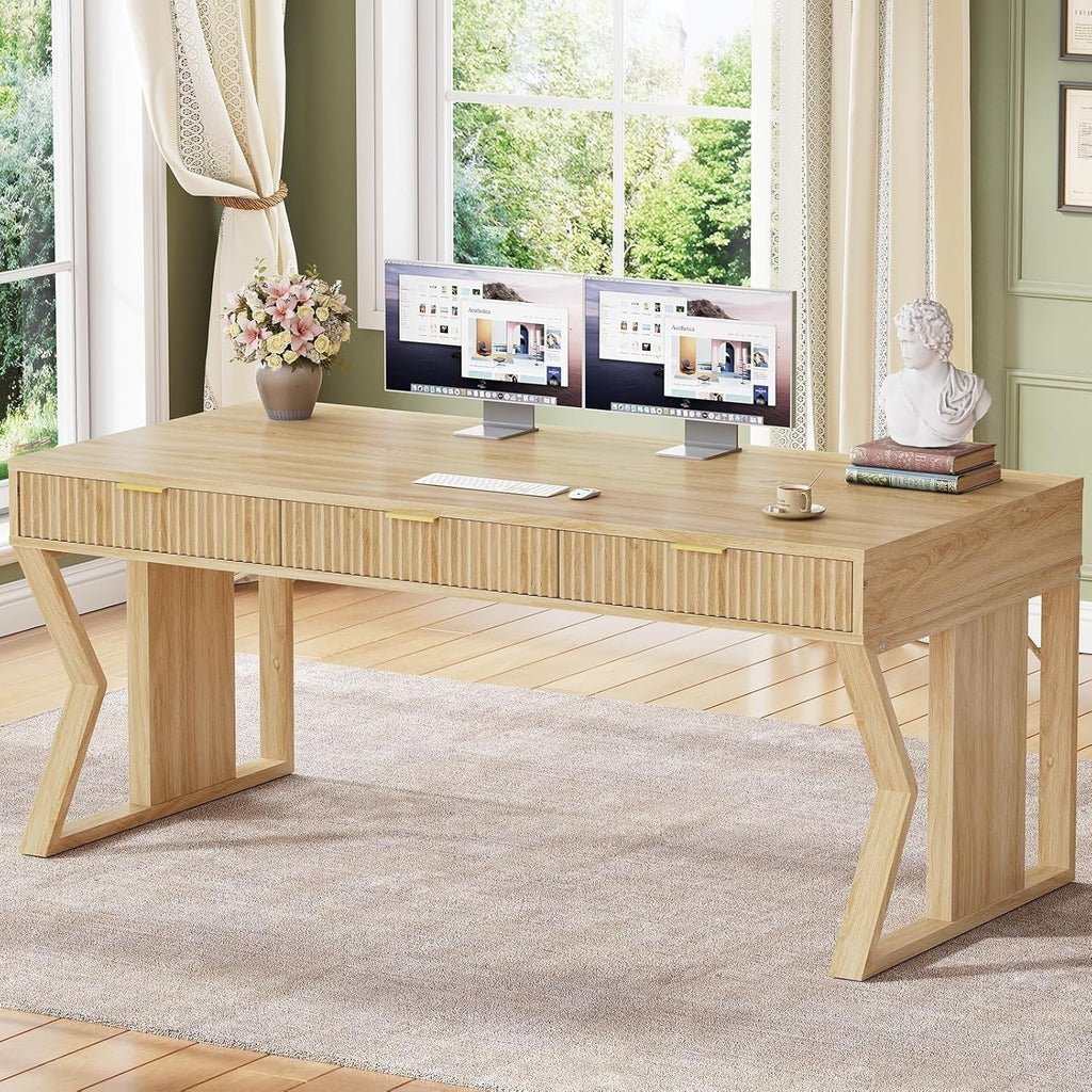 Bureau de direction de style campagnard, bureau à domicile avec tiroir pour dossiers suspendus, support pour écran, prise électrique