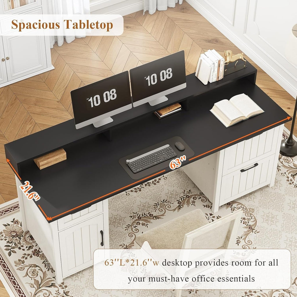 Bureau de direction de style campagnard, bureau à domicile avec tiroir pour dossiers suspendus, support pour écran, prise électrique