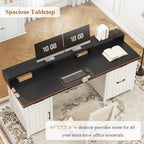 Bureau de direction de style campagnard, bureau à domicile avec tiroir pour dossiers suspendus, support pour écran, prise électrique