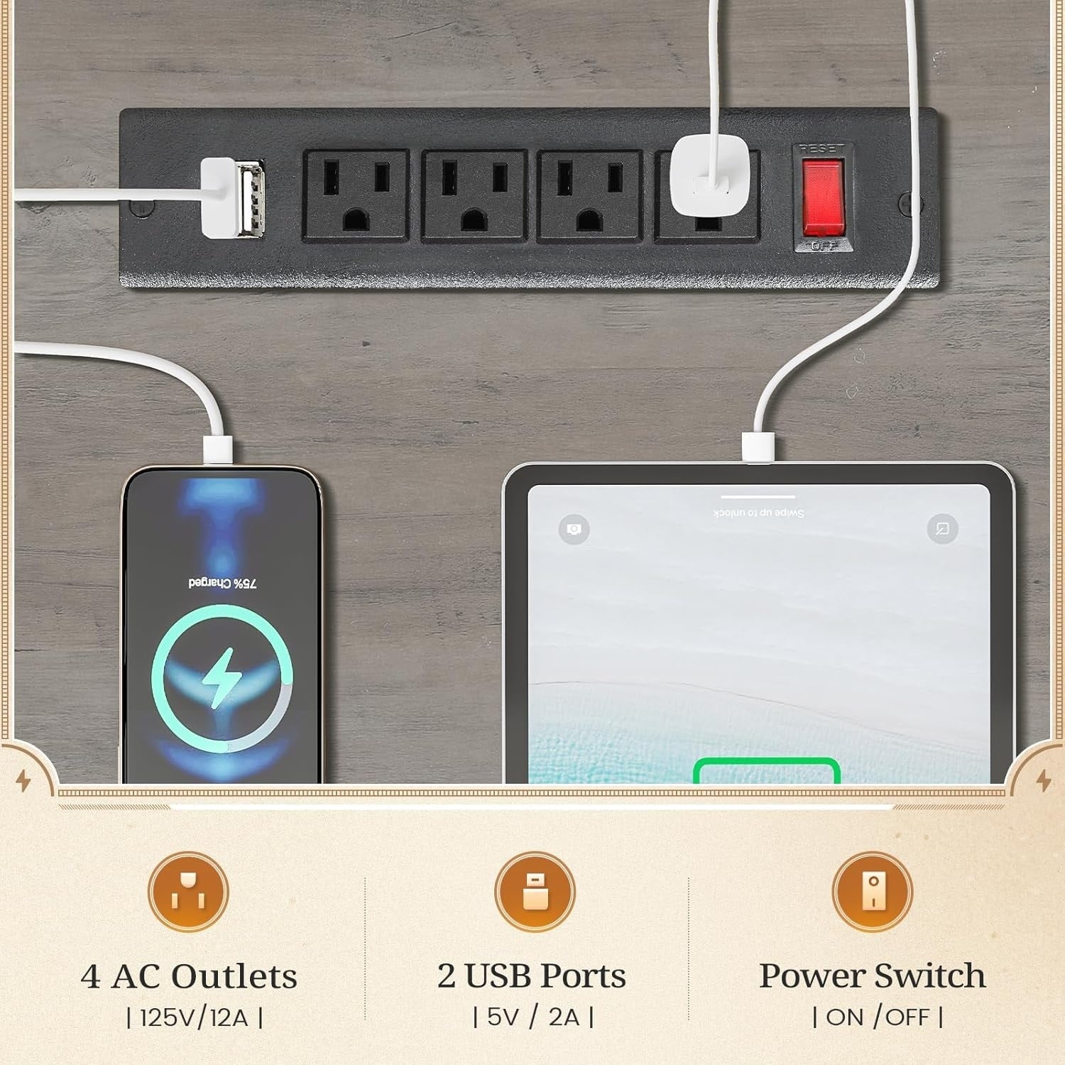 Bureau de direction de style campagnard, bureau à domicile avec tiroir pour dossiers suspendus, support pour écran, prise électrique