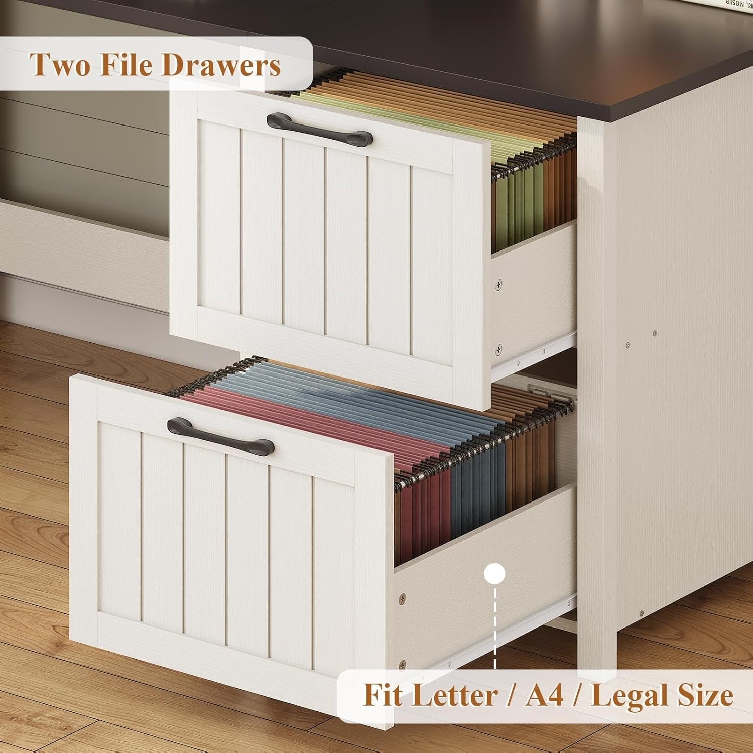 Bureau de direction de style campagnard, bureau à domicile avec tiroir pour dossiers suspendus, support pour écran, prise électrique