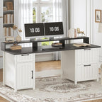 Bureau de direction de style campagnard, bureau à domicile avec tiroir pour dossiers suspendus, support pour écran, prise électrique