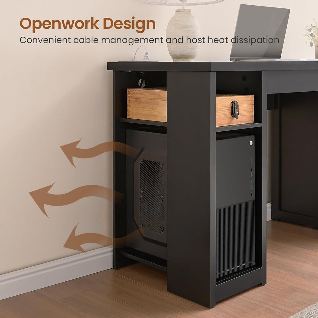 Bureau de direction de style campagnard, bureau à domicile avec tiroir pour dossiers suspendus, support pour écran, prise électrique