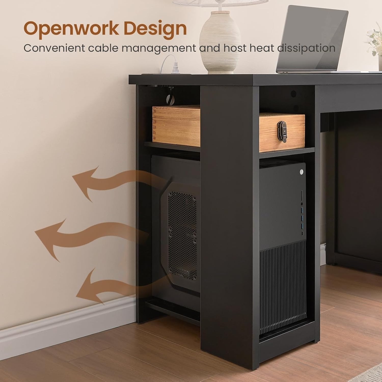 Bureau de direction de style campagnard, bureau à domicile avec tiroir pour dossiers suspendus, support pour écran, prise électrique