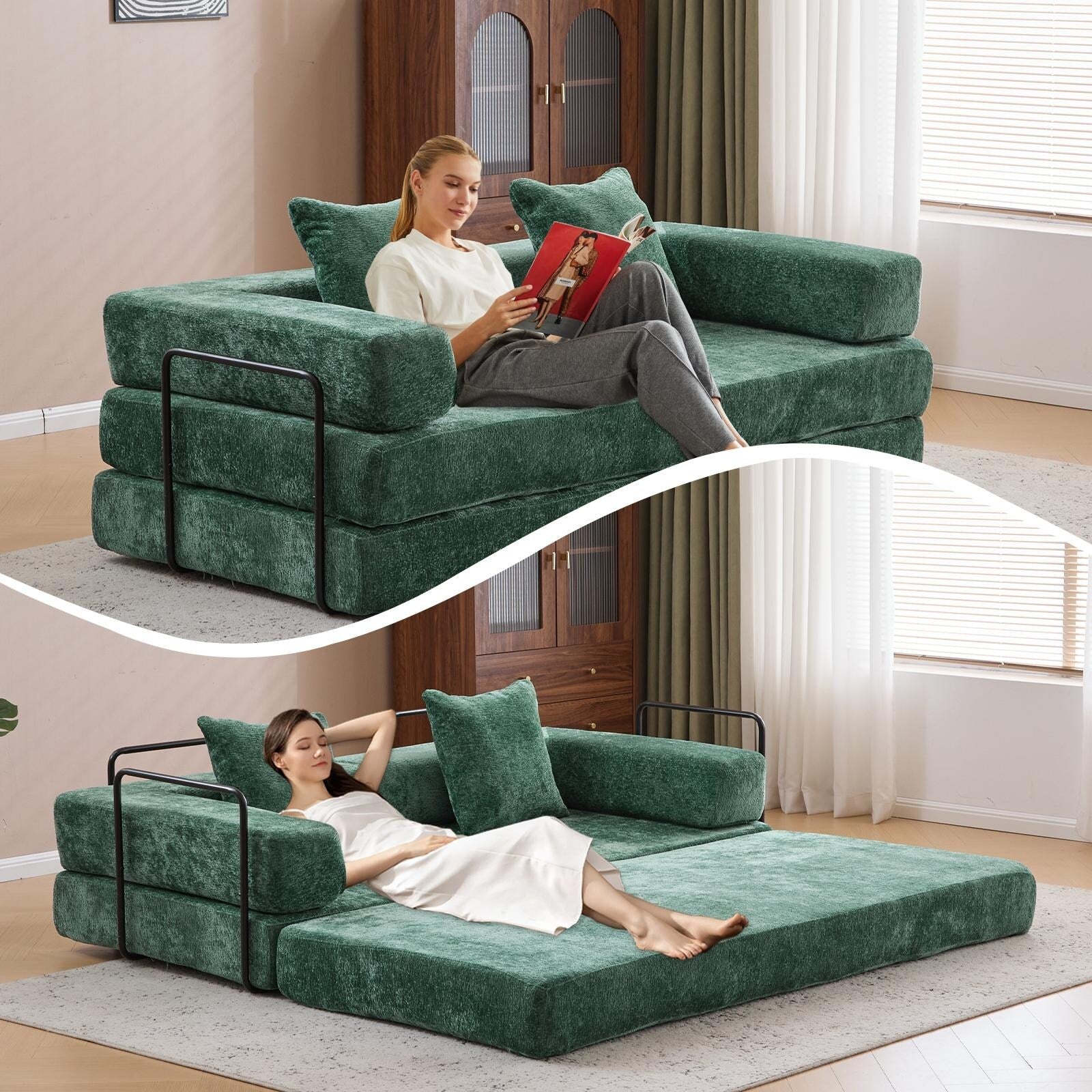 Floor Sofa Bed Convertible with Pillow Back Chenille Fabric for Living Room Bedroom
