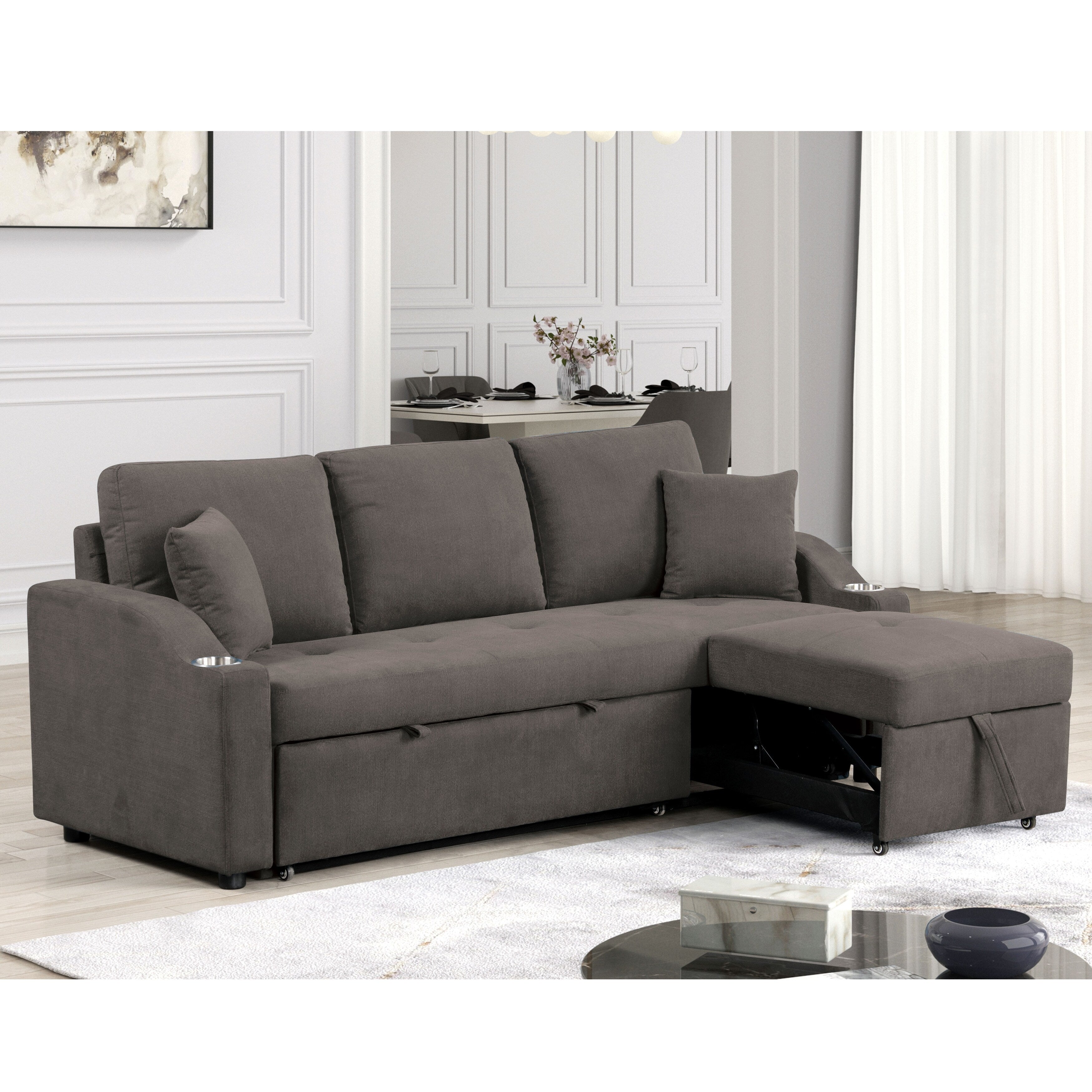 Furniture of America Scarlett Modern Tufted Space-Saving Sleeper Sofa Sectional with Cup Holders