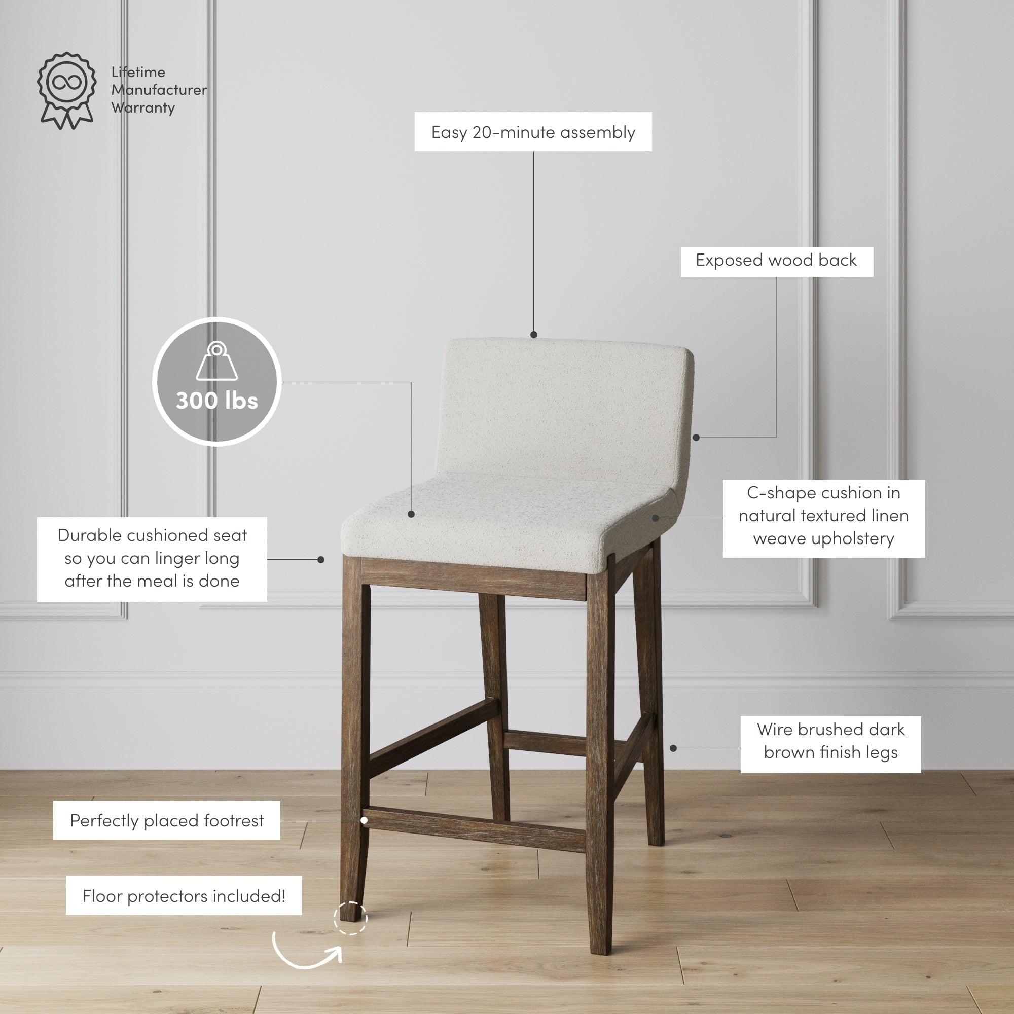 Tabouret de bar moderne Gracie, chaise rembourrée en tissu bouclé et pieds en bois brossé